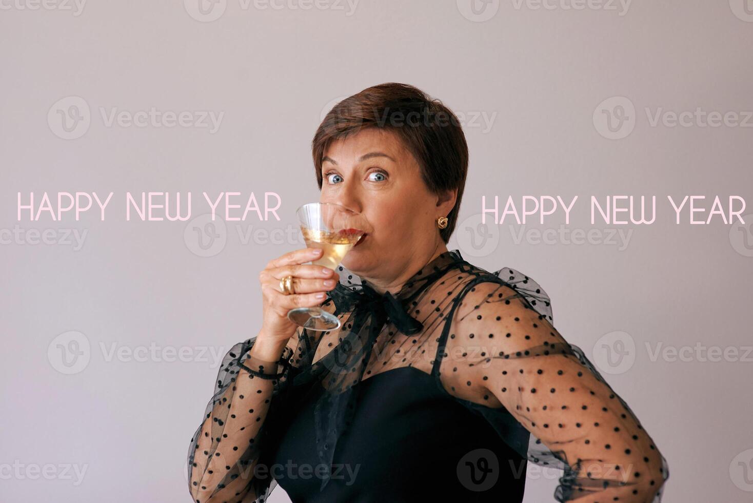 stylish mature senior woman with glass of wine. Fun, party, style, lifestyle, work, alcohol, celebration concept photo