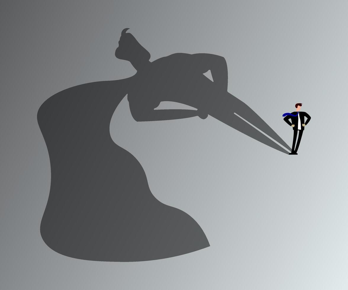 Businessman with superhero shadow. retro style. cartoon sticker business. vector