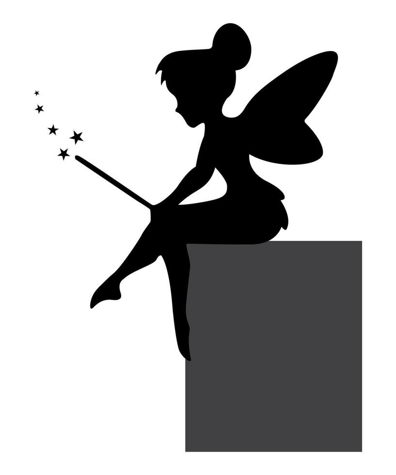 Sitting fairy silhouette. Magical stars fairy logo. Mythical tale angel character. vector