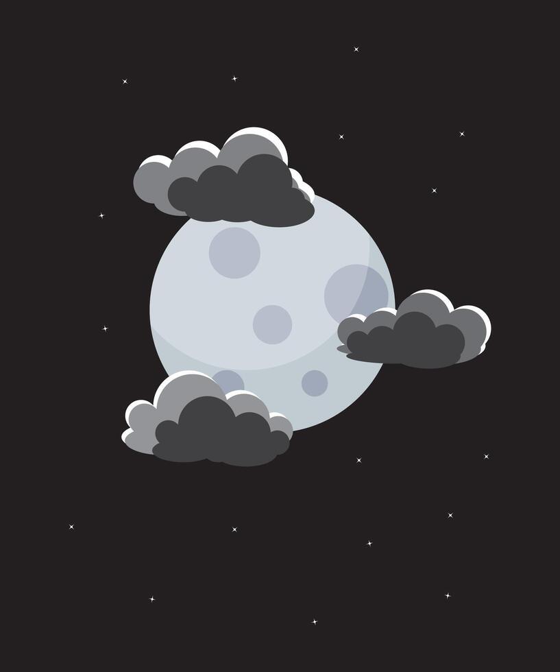 Cute full moon with craters on black background. cloudy and stars at night. cartoon illustration. vector