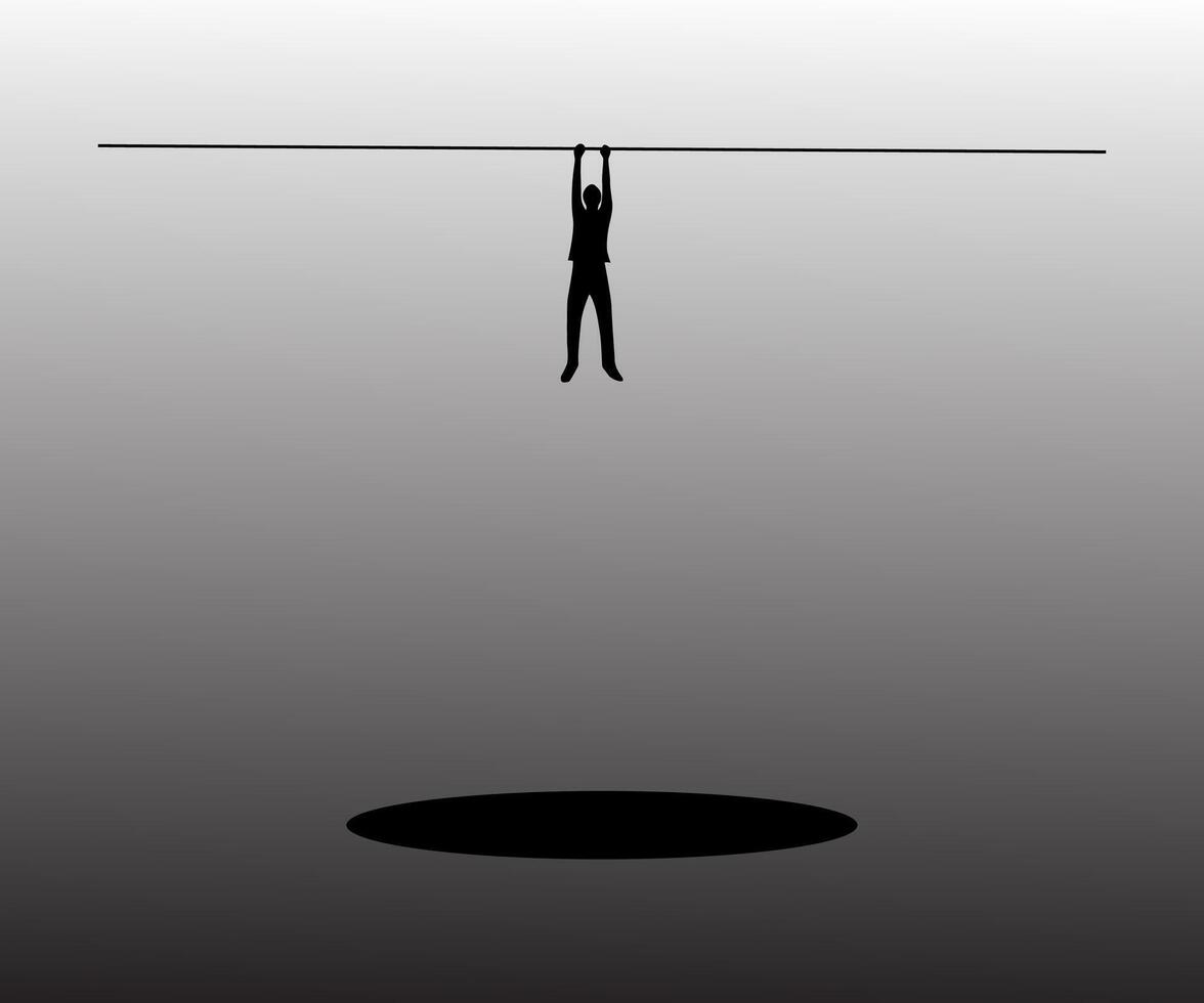 silhouette of person hanging on rope above a black hole. vector