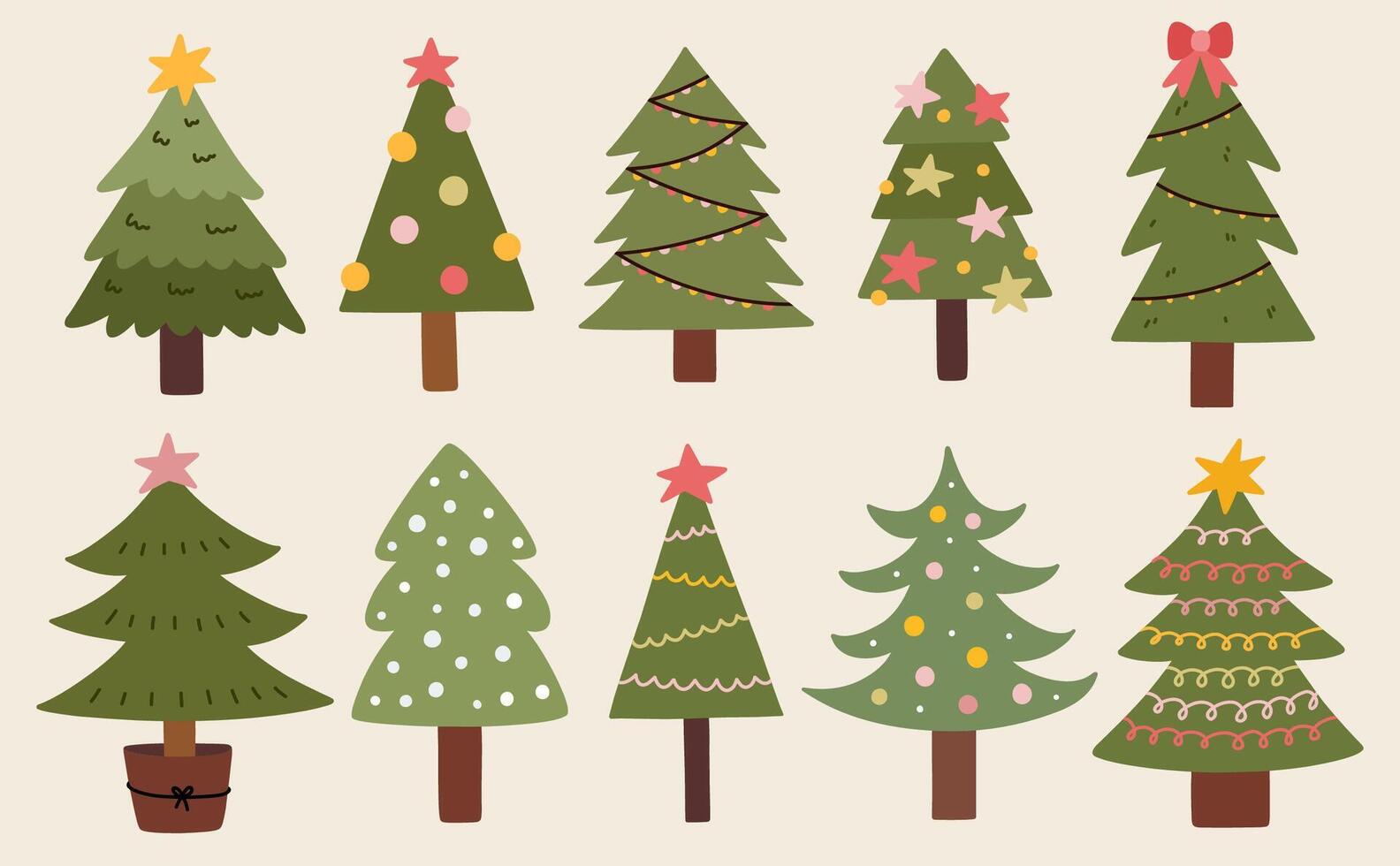 Set of cute decorated Christmas trees isolated on a white background. hand-drawn flat illustration. Perfect for holiday designs, cards, decorations, logo. vector