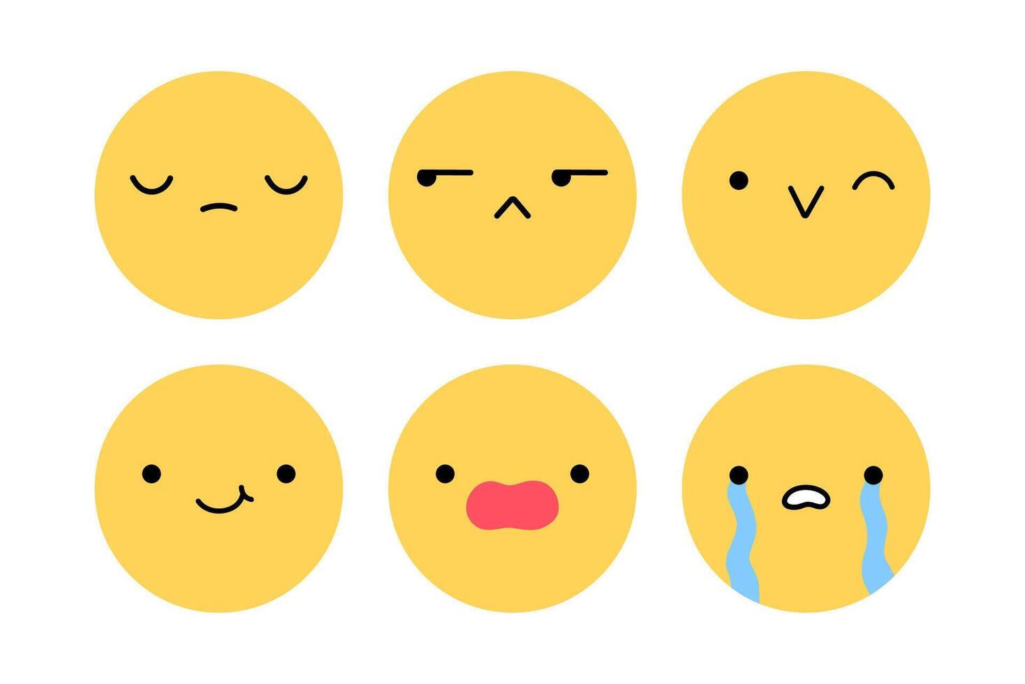 A cute emoji set with different facial expressions. Yellow characters with happy, joyful, sad, disappointed, surprised, crying mood. flat illustration. Perfect for social media, stickers. vector