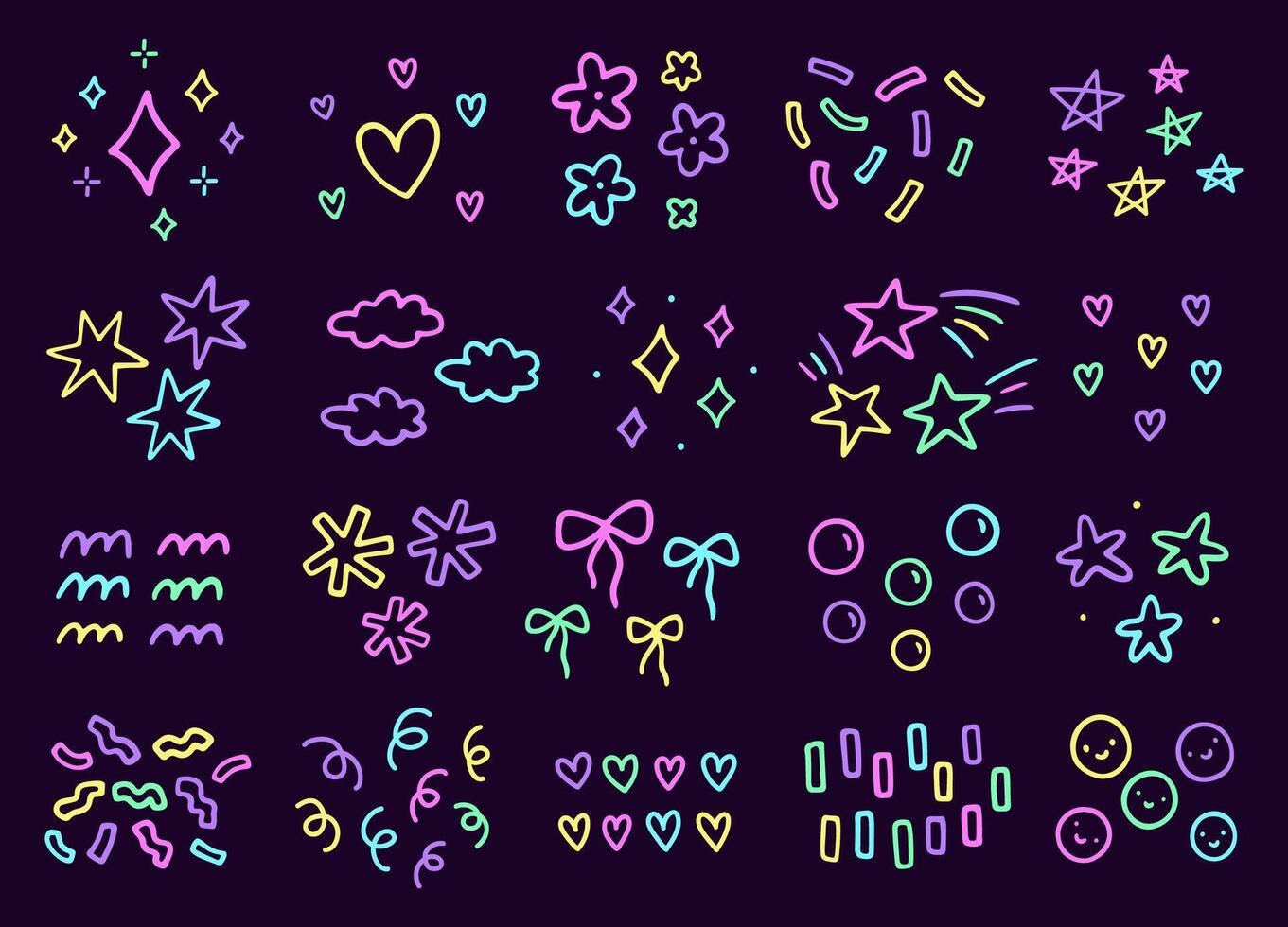 Cute neon decorative design elements. Abstract squiggles of different shapes - stars, hearts, flowers, confetti, bows, bubbles, waves. hand-drawn doodle illustration isolated on dark background vector