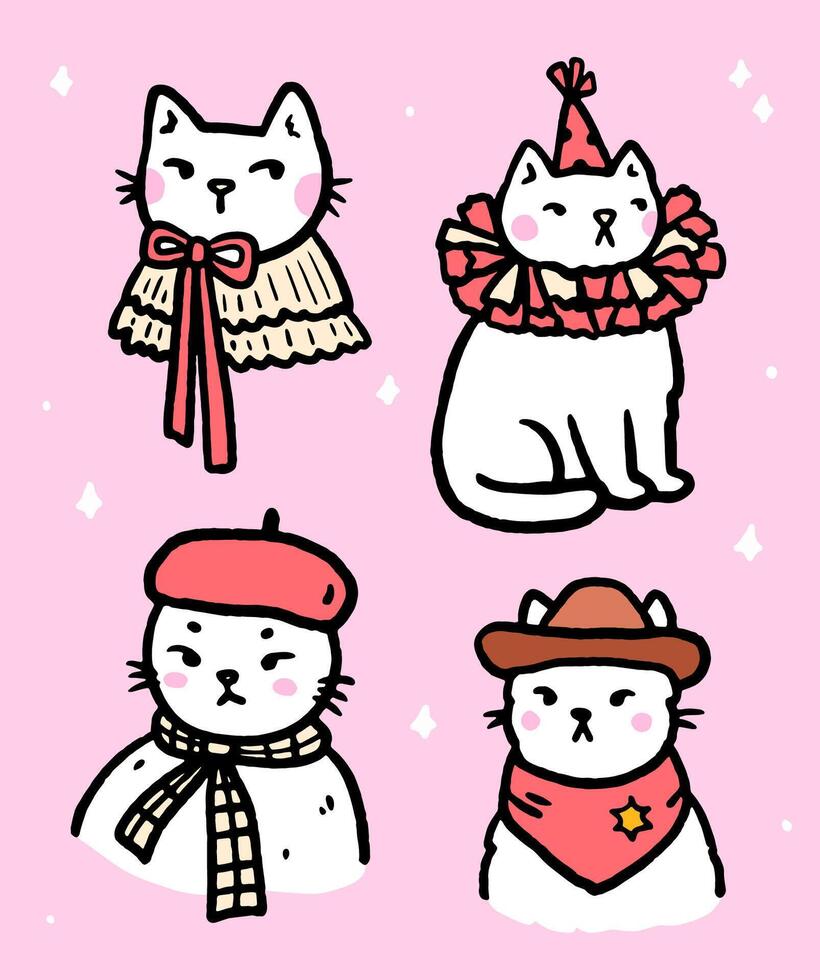A set of cute white cats in different costumes. hand-drawn illustration in doodle style. Perfect for cards, stickers, decorations, print, logo and various designs. vector