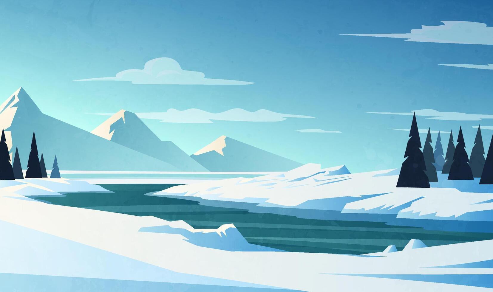 Hand painted illustrations of winter landscapes include snow-capped mountains and rivers vector