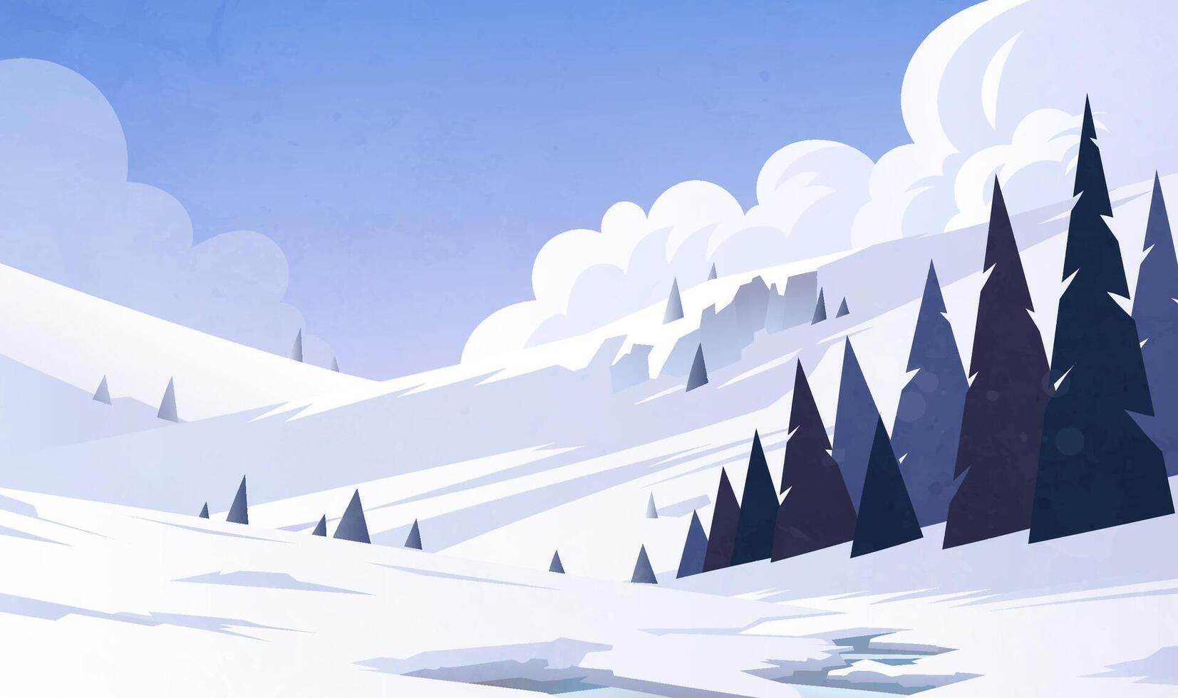 Hand drawn illustrations of winter landscapes with snowy mountains and woods vector