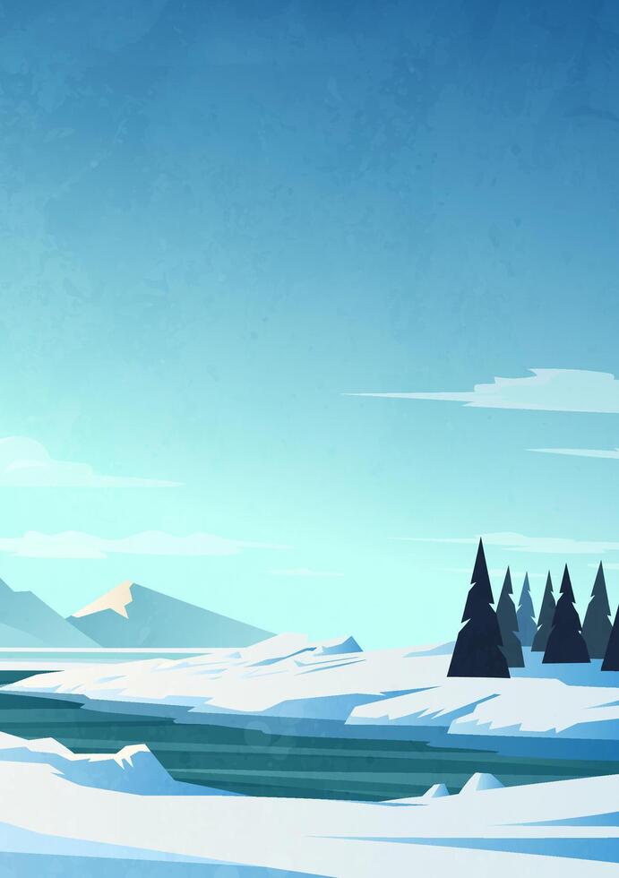 Hand painted vertical illustrations of winter landscapes include snow-capped mountains and rivers vector