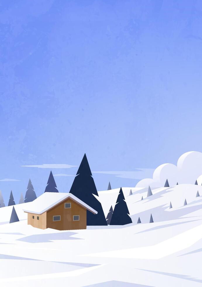 Hand painted vertical illustrations of winter scenery include snow-capped mountains and cabins vector
