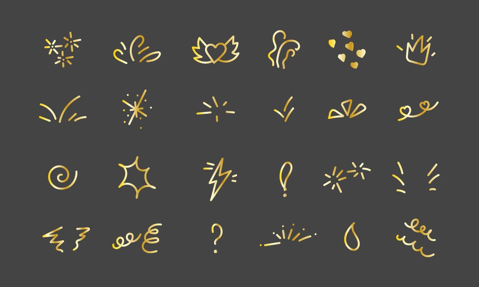 Golden elements for holiday. Hand drawn firework, cartoon fun signs. illustration on black background vector
