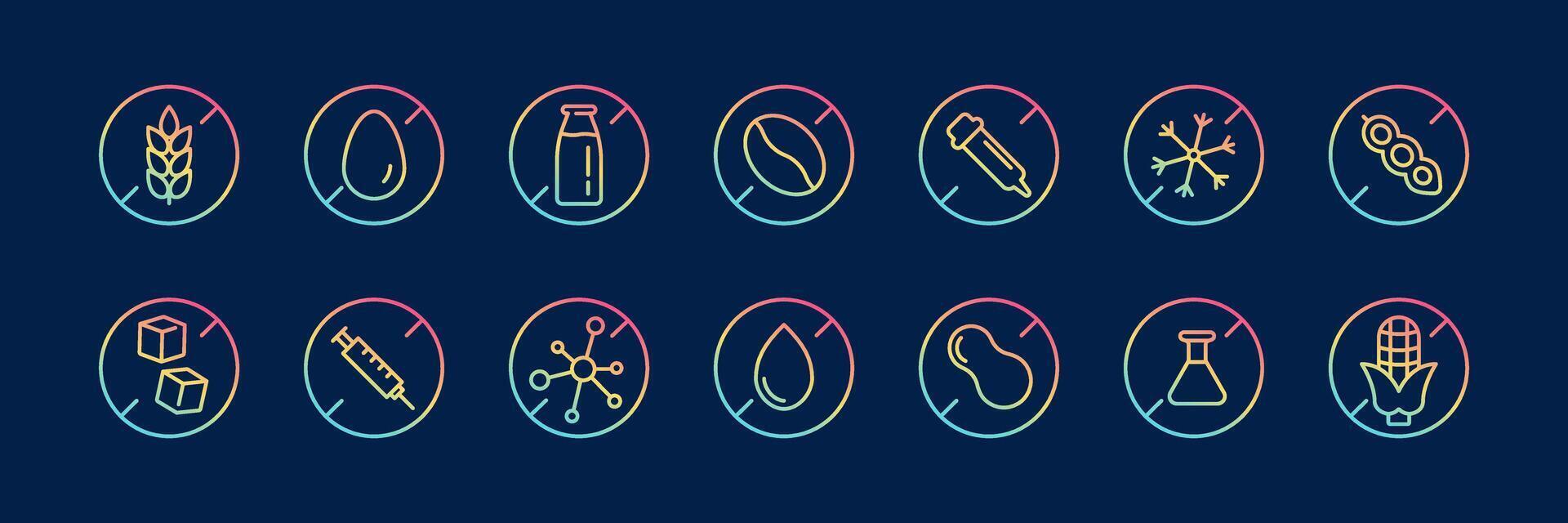 Food Allergen Free set. Gradient line icons. Lactose free, gluten free, sugar free sign vector