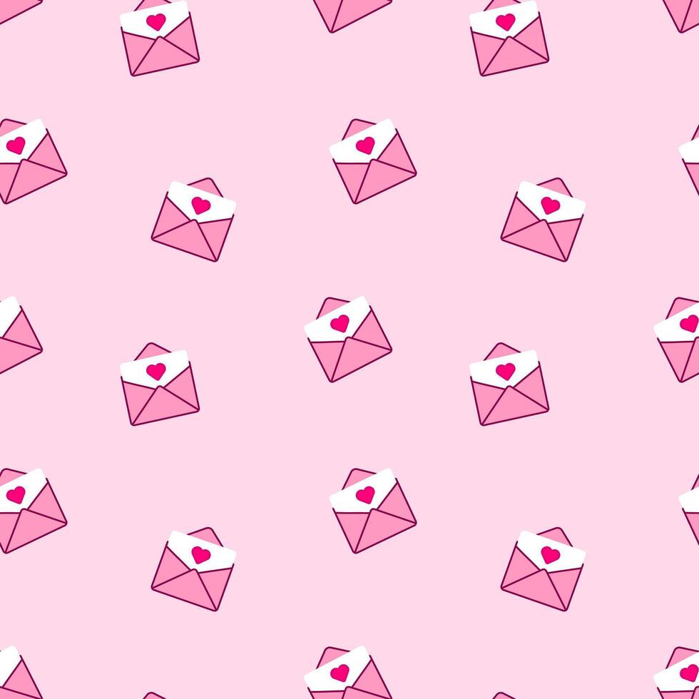 Seamless pattern pink color open envelope with heart isolated on pink background. vector