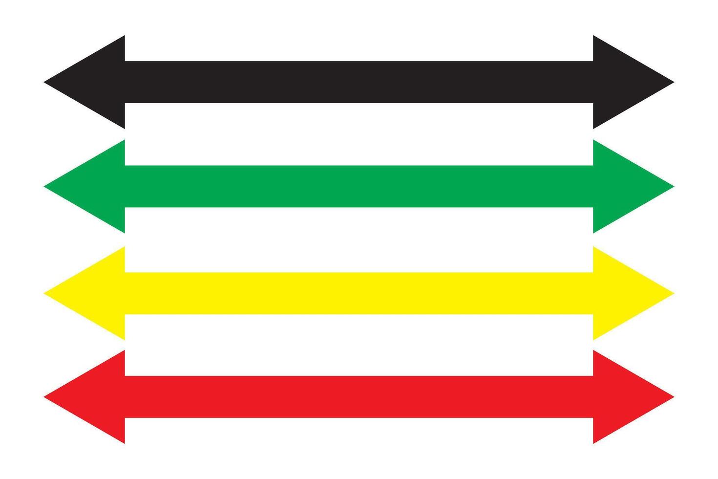 Dual sided thin long straight double ended arrow. Black, red, yellow and green color . Contour isolated image on white background. vector