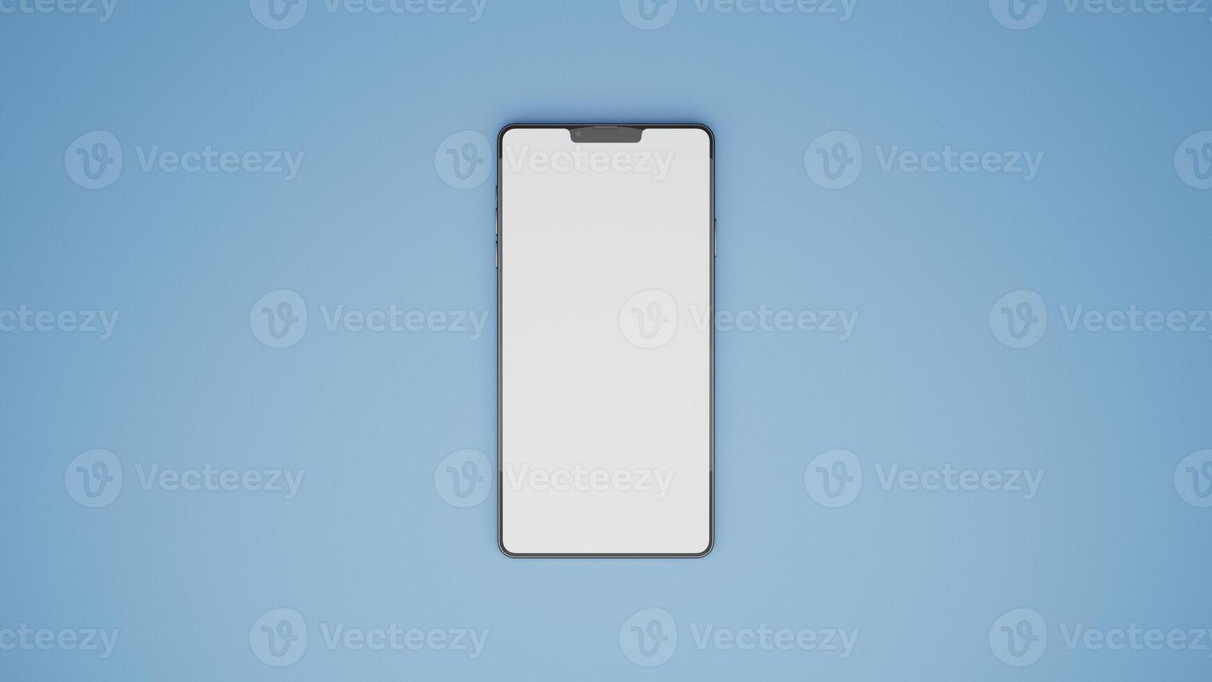 Top view 3D rendering smartphone mockup with empty white screen on blue background photo