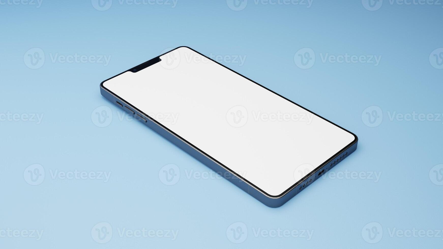 3D rendering perspective view blank screen smartphone mockup on blue background photo