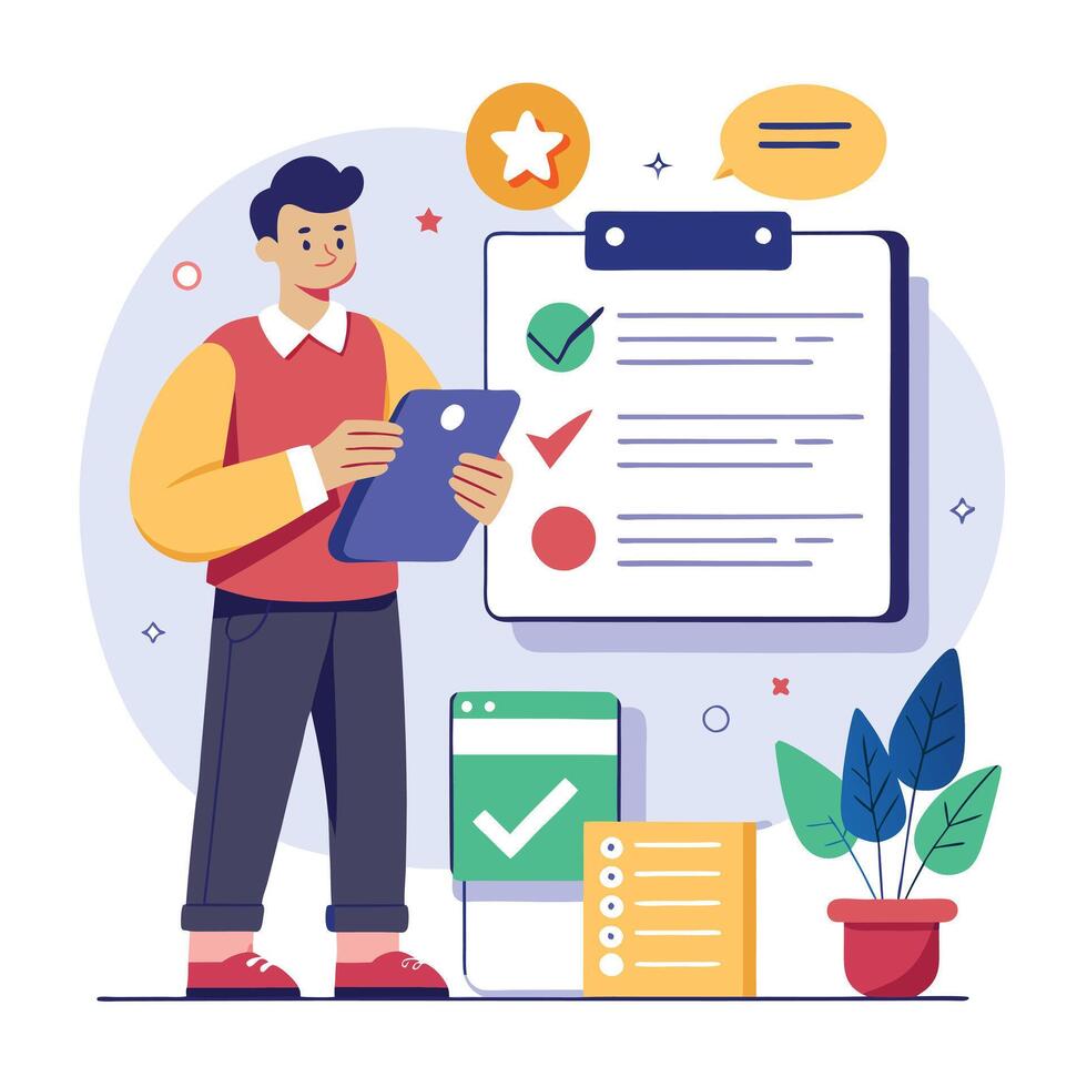 a flat illustration of a man checking customer survey vector