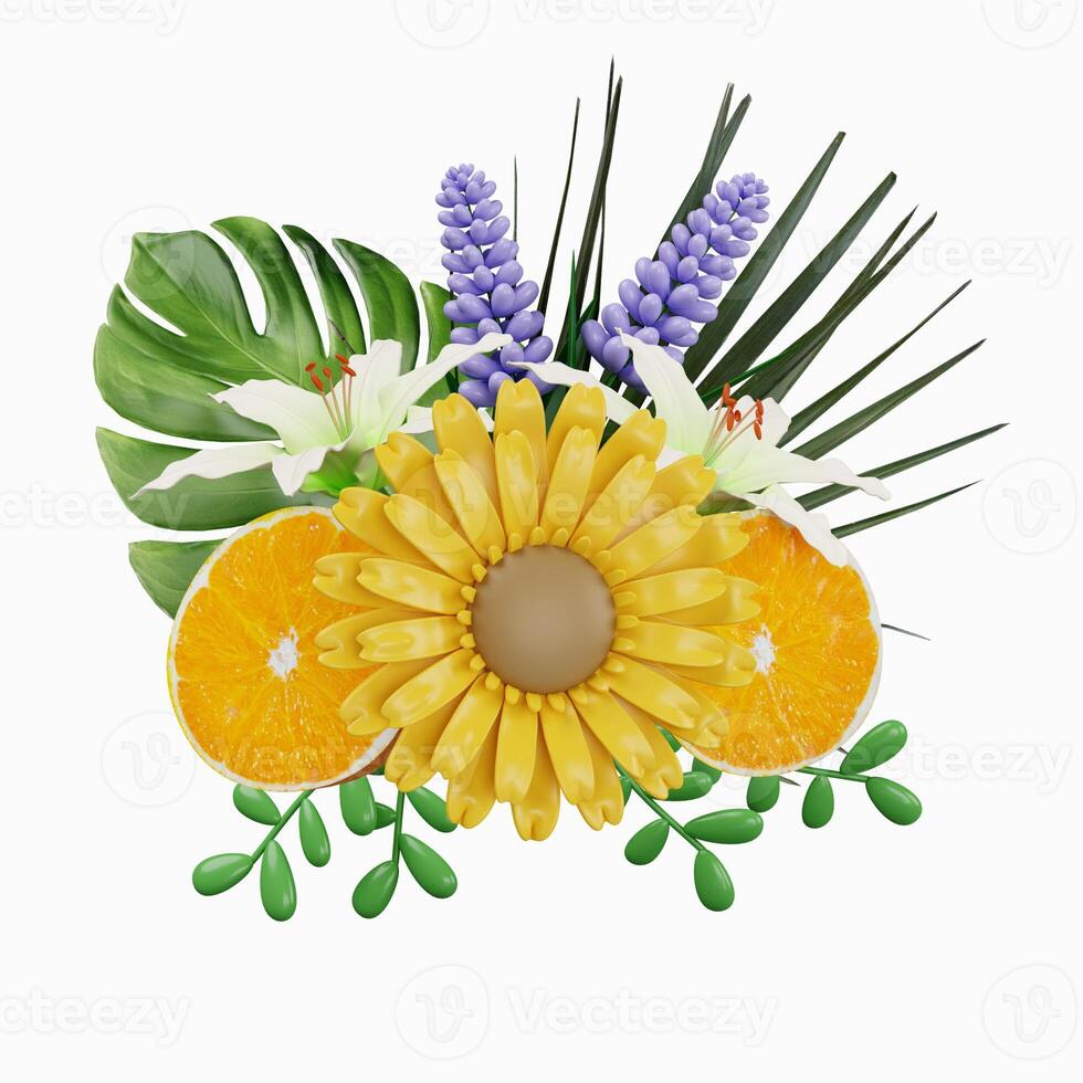 3d decorative flowers. Colorful spring bouquet. Floral arrangement garland. icon isolated on white background. 3d rendering illustration. Clipping path. photo