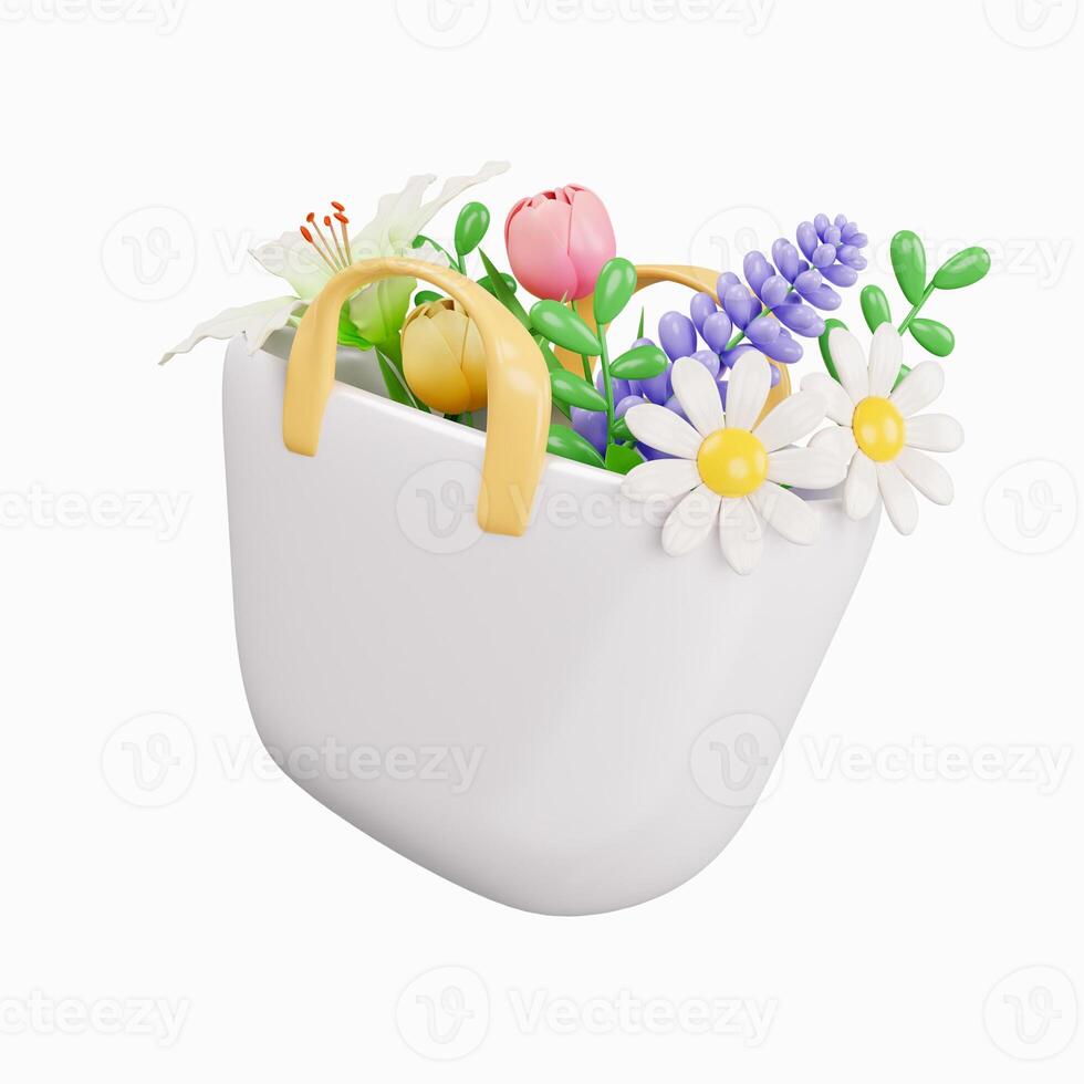 3d bag with spring flowers. Colorful spring bouquet. Floral arrangement garland. icon isolated on white background. 3d rendering illustration. Clipping path photo
