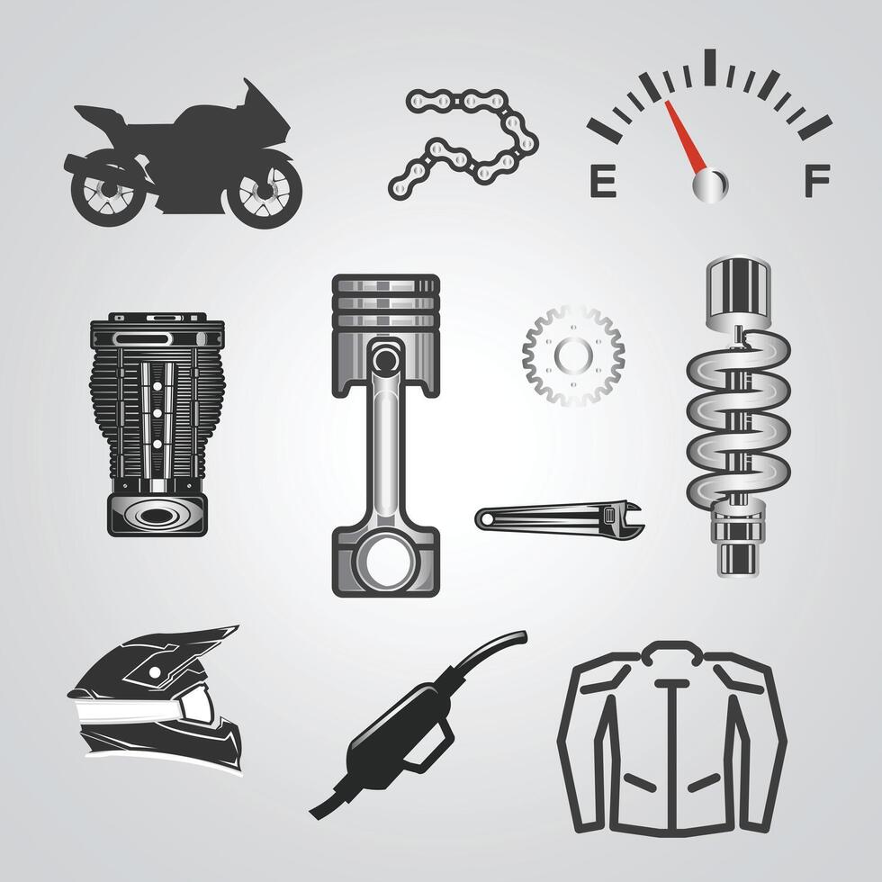 Motorcycle part icons, helmet, gloves, jacket, petrol pump, Gear, motorcycle parts, bike logo with a silver background vector