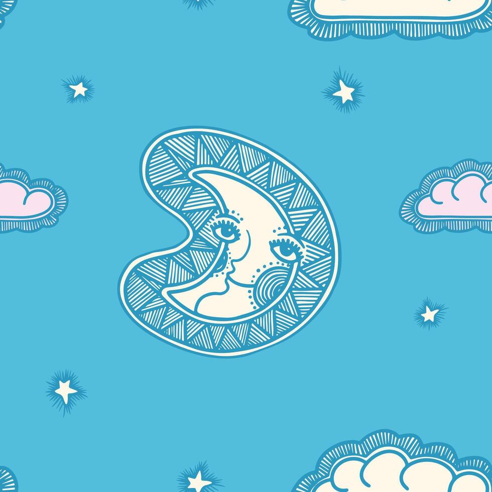 Hand-Drawn Smiling Moon with Stars and Clouds on Soft Blue Background vector