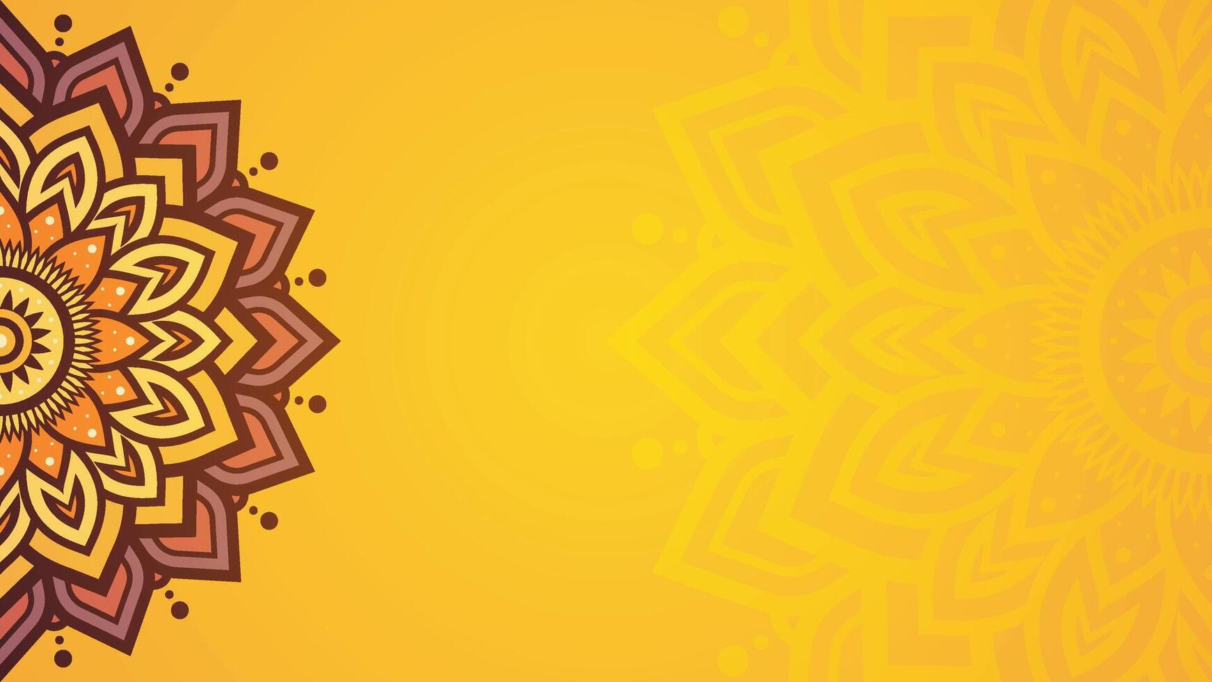 Ornate Half Mandala Patterns and Vibrant Floral Designs on Warm Yellow Horizontal Background vector