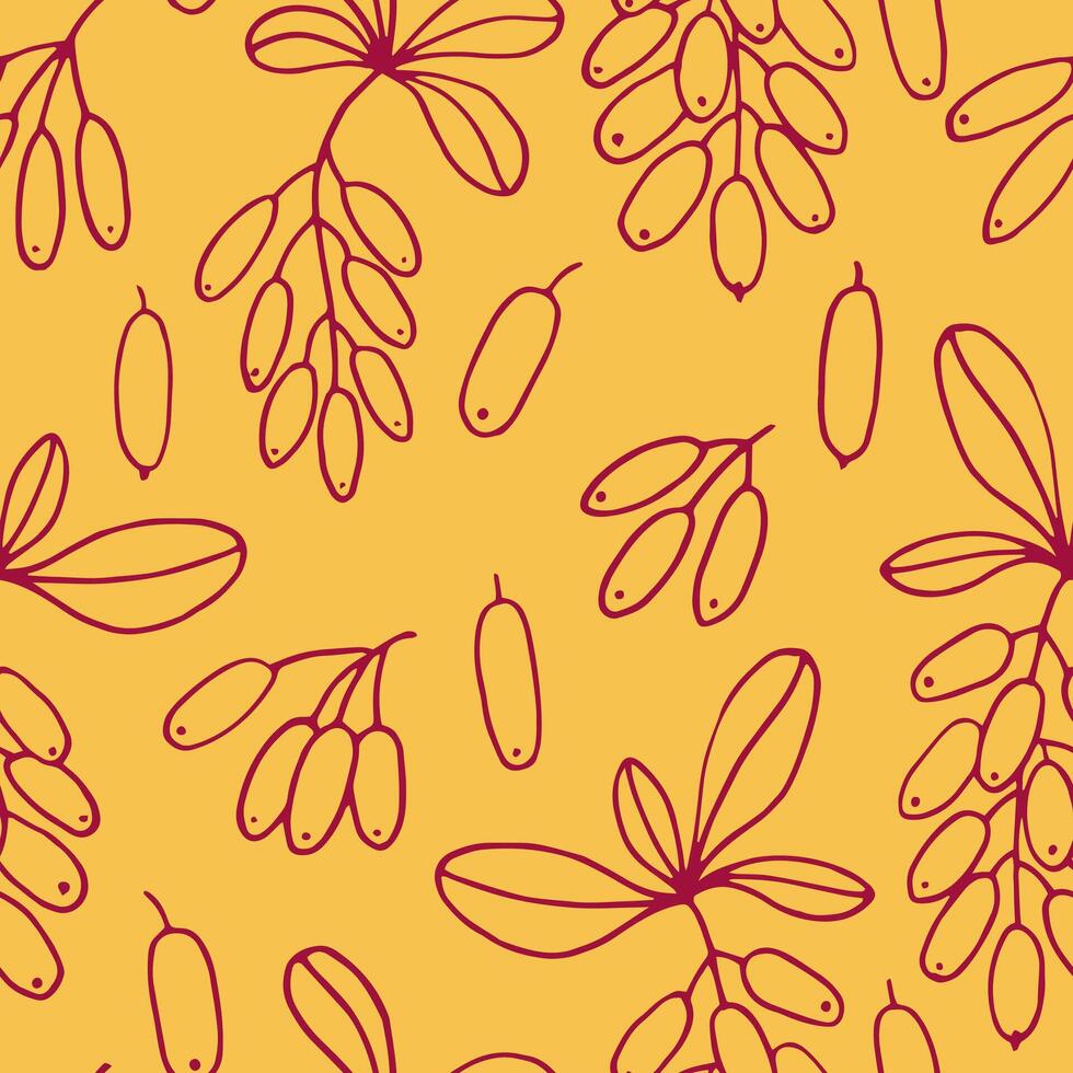 Seamless pattern with leaves and barberry berries. Hand drawn illustration in outline style. vector