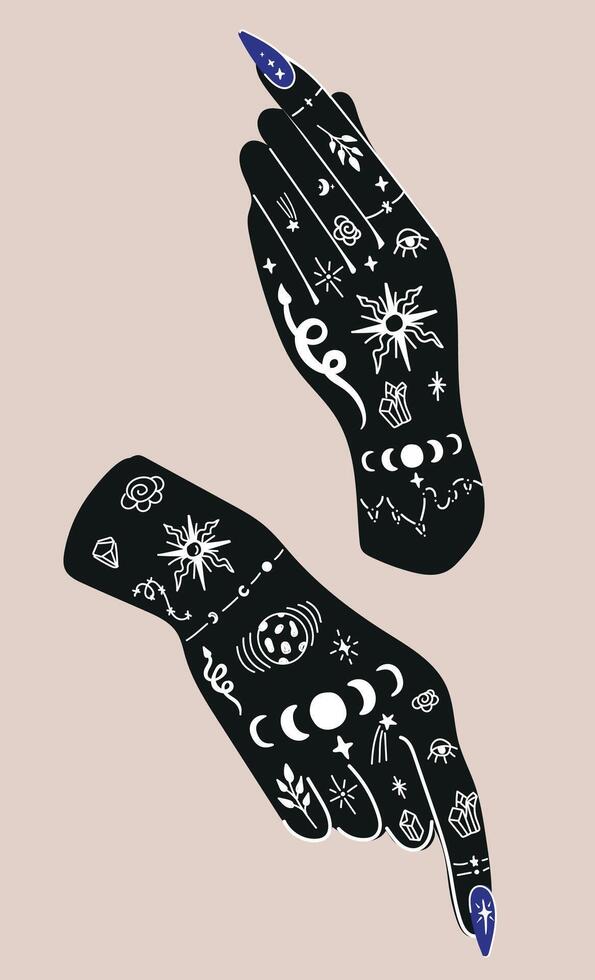 Magical woman's hands. Boho esoteric poster. vector