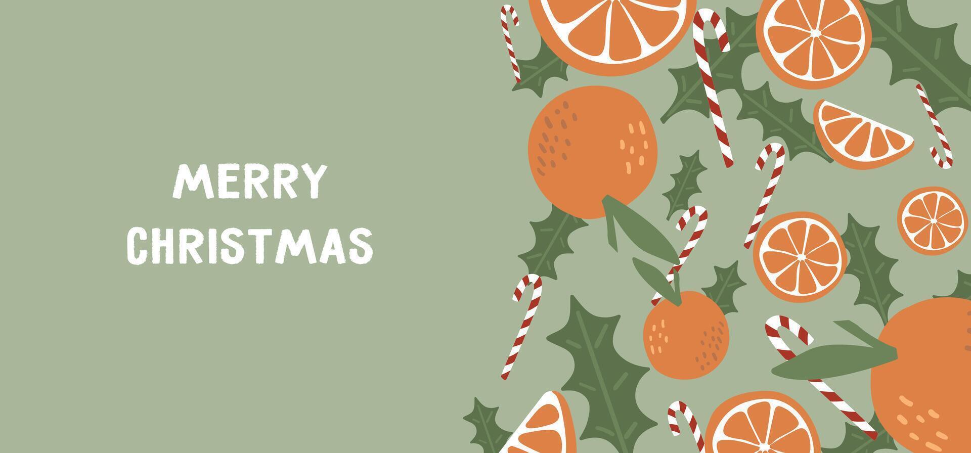 Christmas banner editable template with mandarines and candy canes vector