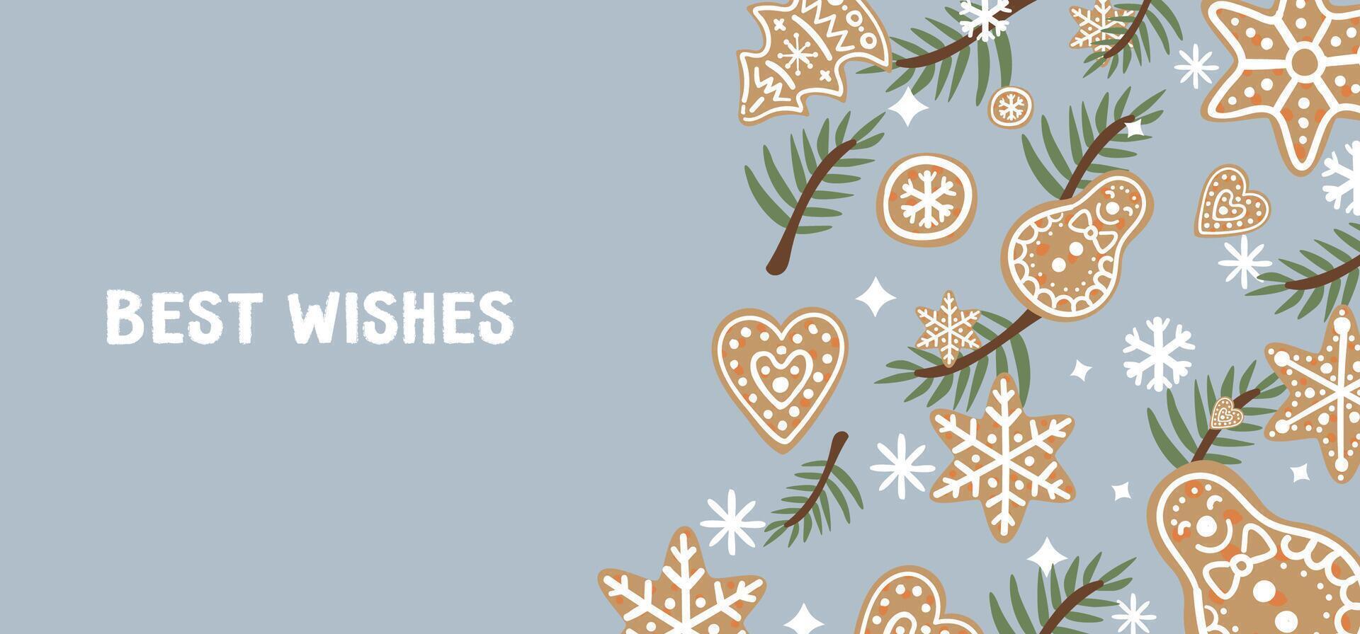 Christmas banner editable template with gingerbread cookies, snowflakes and fir branches on blue background vector