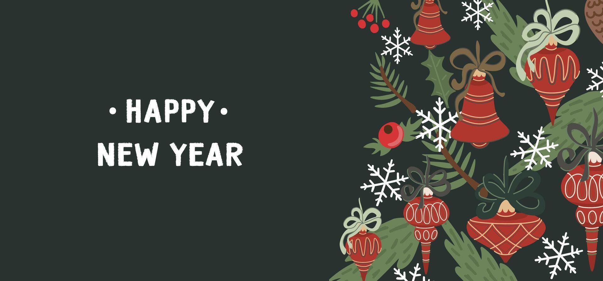 Christmas banner editable template with toys and fir branches on a dark green background vector
