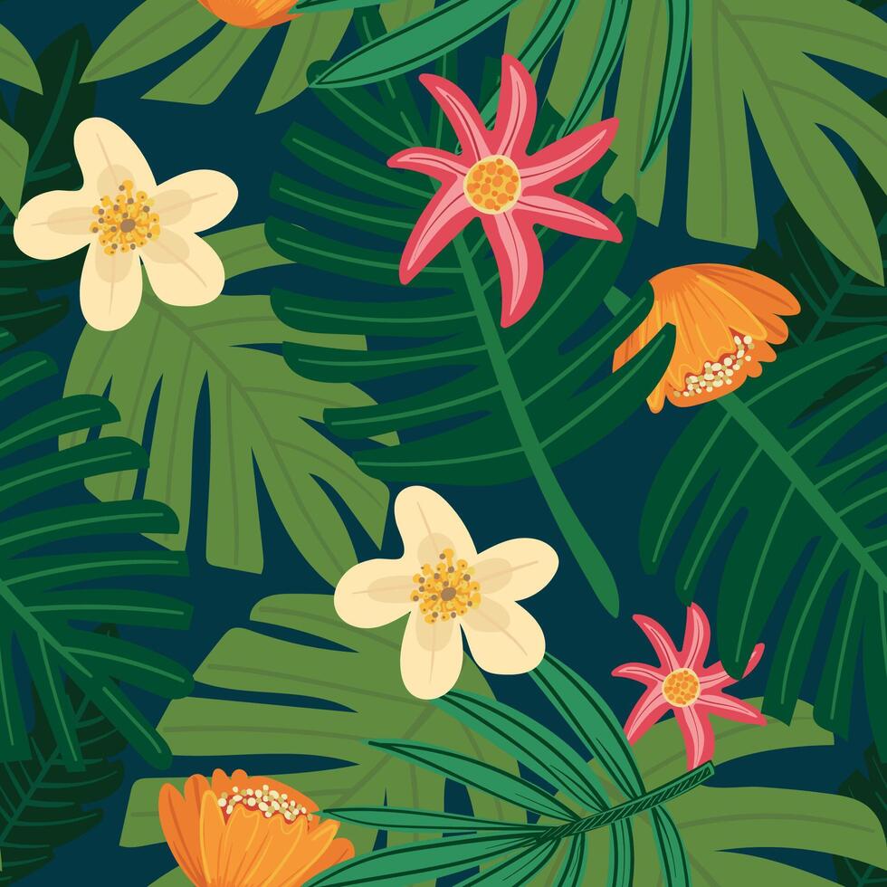 A lively, endless print with hand-painted tropical flowers and leaves. vector