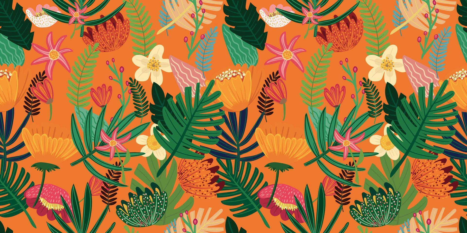 Vibrant, repeating pattern of hand-sketched tropical foliage. vector