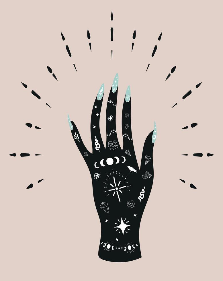 woman's hand with mystical magic symbols on pink background vector