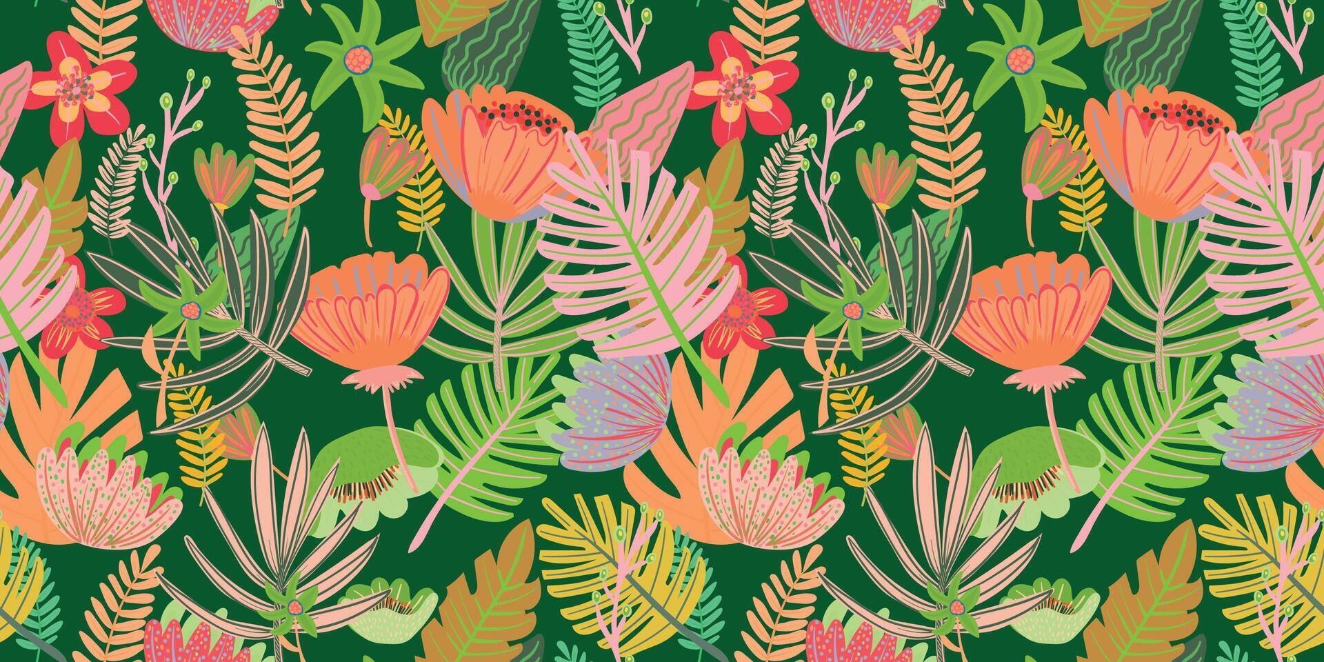 Joyful, unbroken pattern of hand-painted tropical flowers. vector