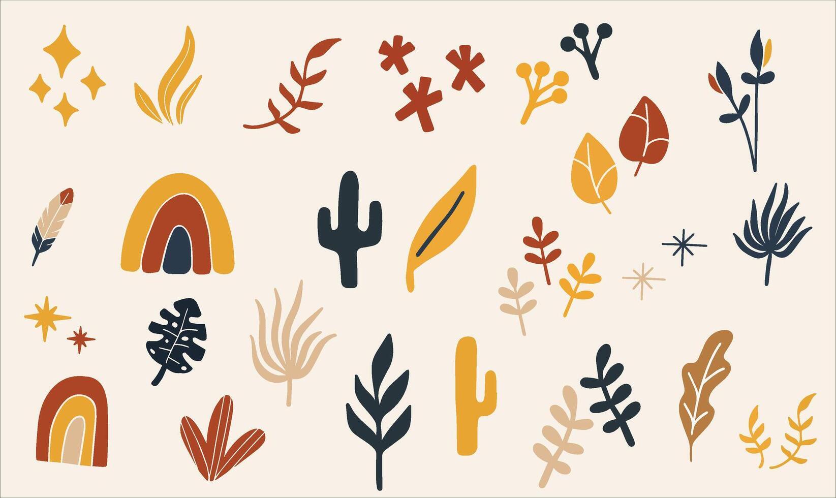 Trendy boho rainbow, cactus, and leaves clip art collection celebrating mid-century modern design vector