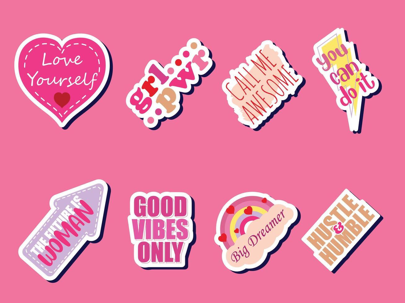 Girl power feminist and motivational stickers promoting self-love, dreams, and hustle vector
