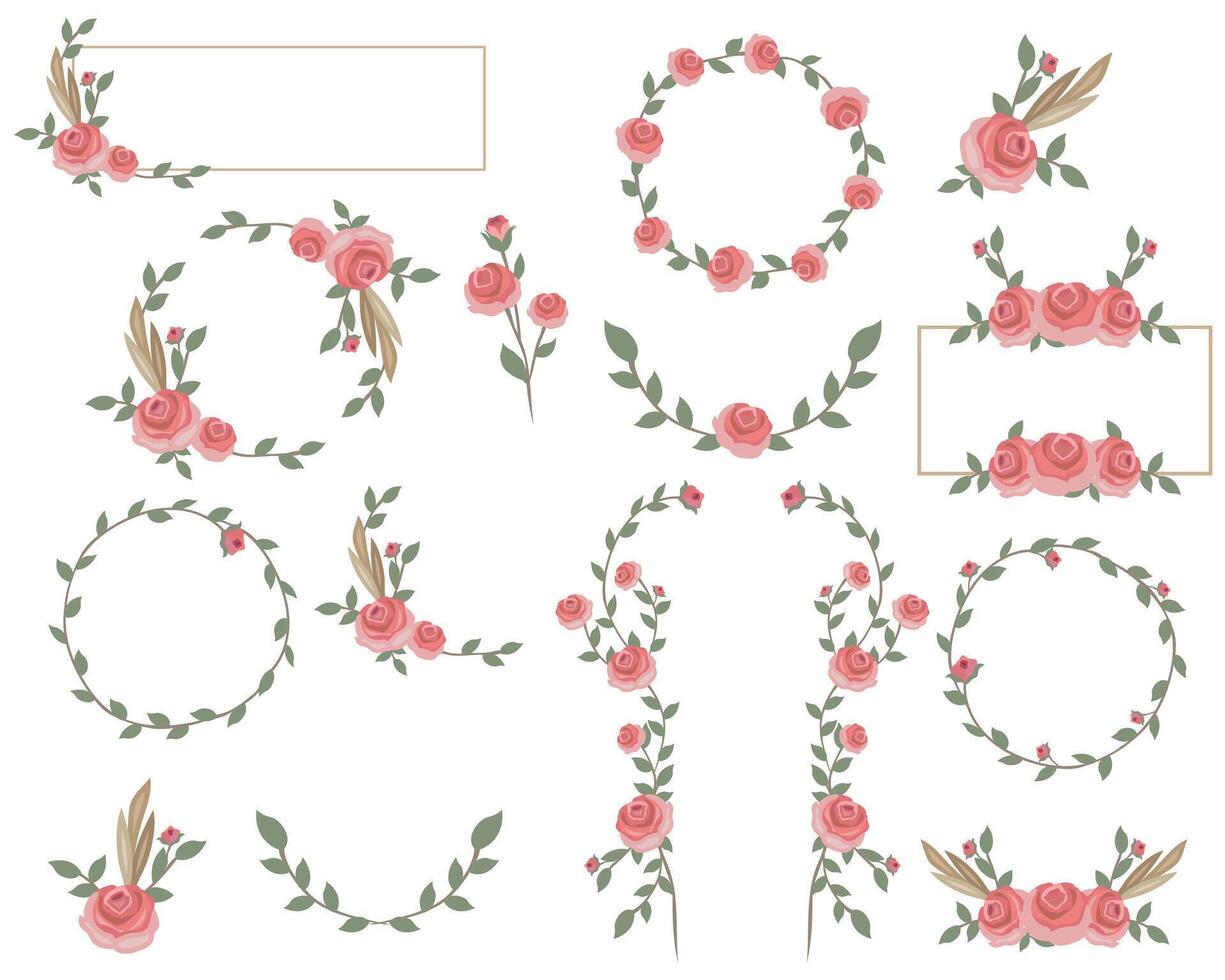 Set of decorative rose wreaths and frames for wedding invitations vector