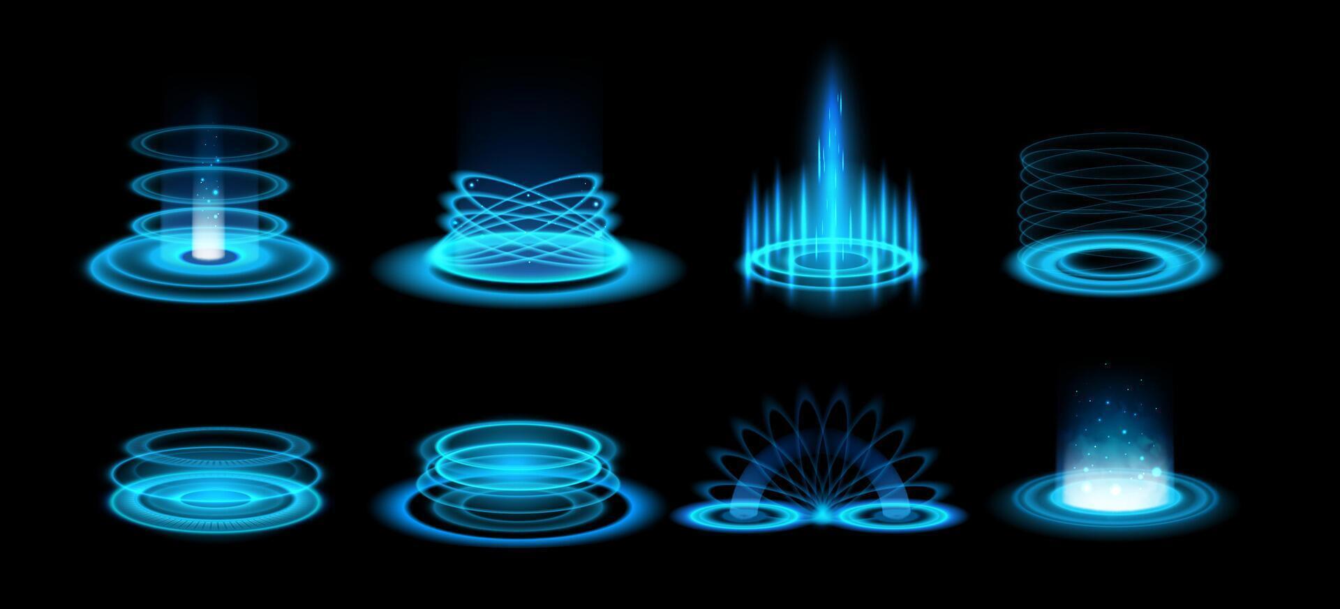 Blue light portal. Futuristic neon glow hologram game effect with sparkles, light aura beams. Teleports and portals energy podium with blue rays. 3D tech product stages set vector