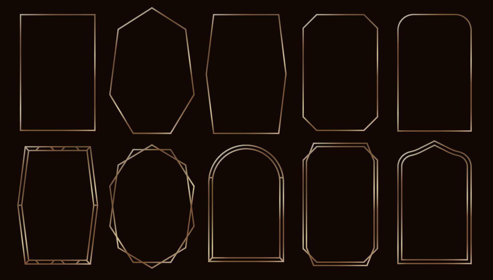 Simple golden frames. Thin gold borders in art deco retro style. Subtle linear shining rectangular photo frame, brass glowing shiny boarder. luxury minimalist windows vector