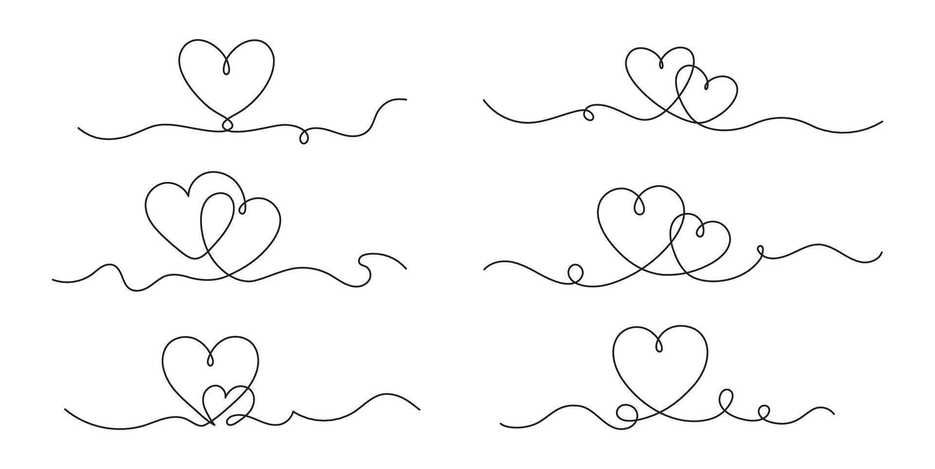 Heart continuous line. Hearts one line, falling in love and Valentines day concept for lovers. Minimalist romance heart linear design for wedding invitation. Handwritten set vector