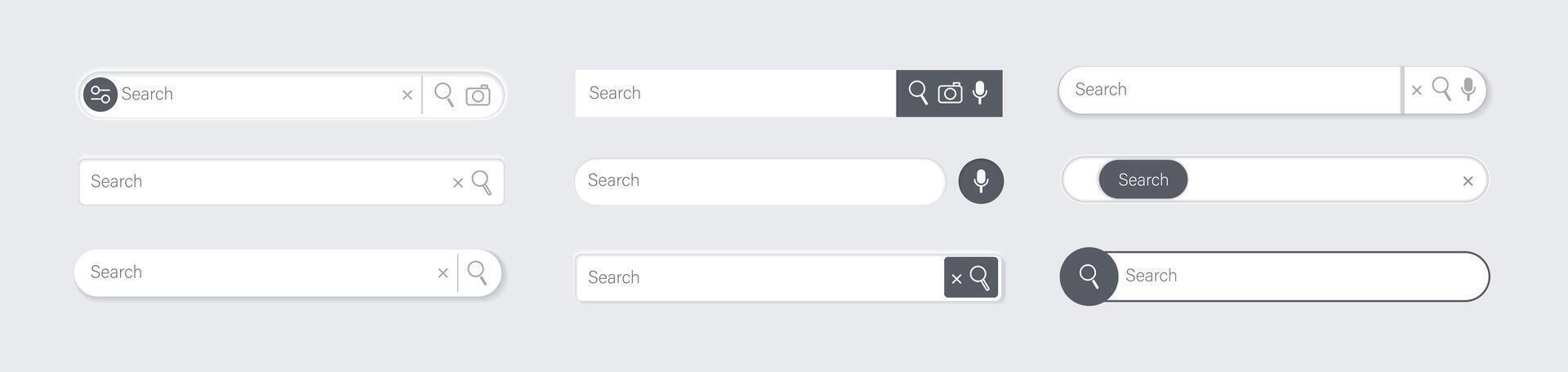 Search bar 3d. Search internet box website ui, browser engine text field, navigation bar with button and icons. Interface light element templates with shadow. isolated set vector