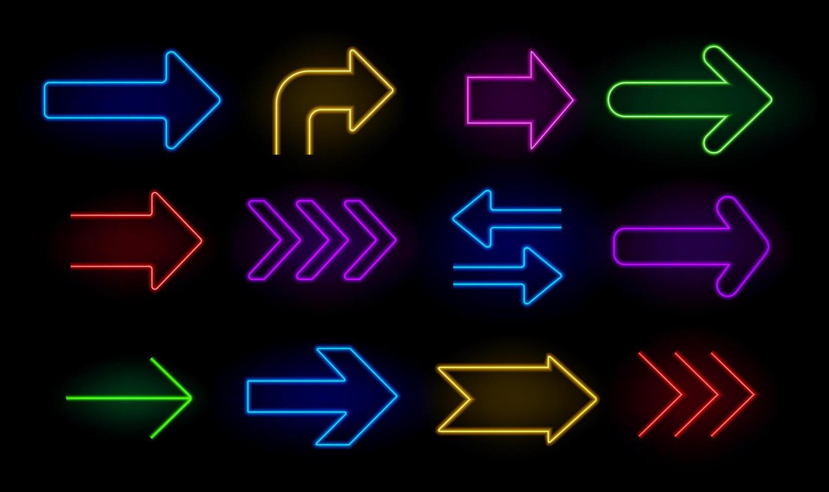 Neon arrows. Realistic glowing pointers, bright arrow location indicator for casino and bar, neon cinema sign, night club and motel banner. Retro 80s arrow signboard set vector