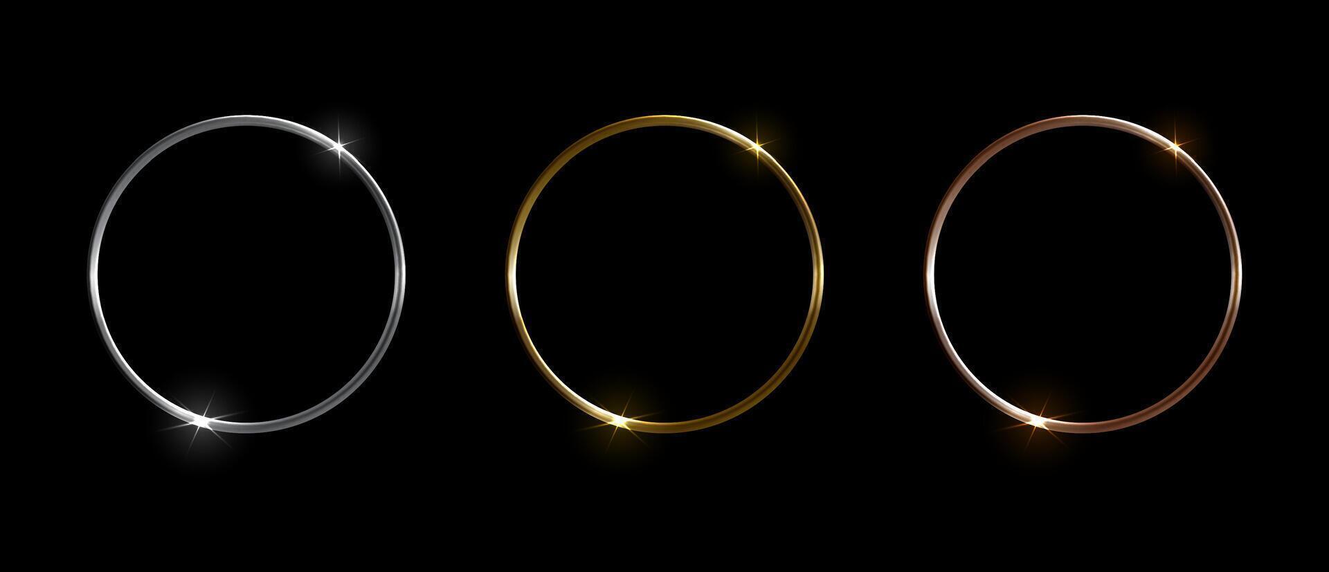 Gold, silver and bronze metal circle. 3d realistic round frames, shiny circular metallic ring borders with glare. isolated set vector