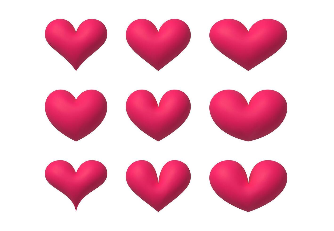 3d heart. Realistic red heart balloons in various shape. Romantic inflated purple hearts isolated elements for valentines and mother day card, wedding invitation. set vector