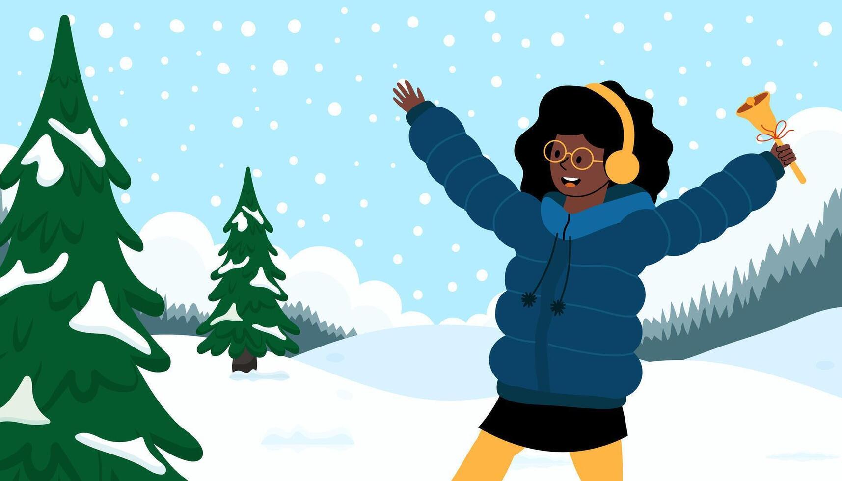 Joyful celebration in a snowy landscape with a girl enjoying winter activities vector