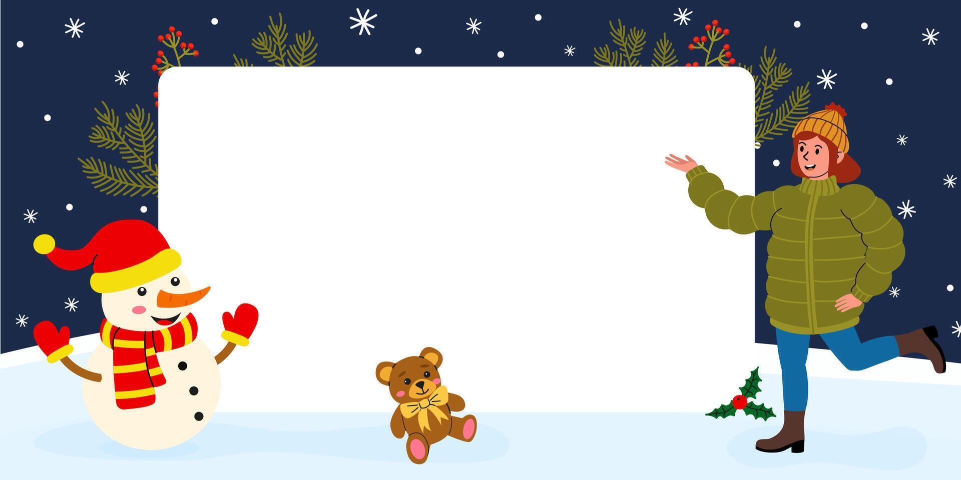 Winter scene with a snowman, girl, and teddy bear in a snowy landscape vector