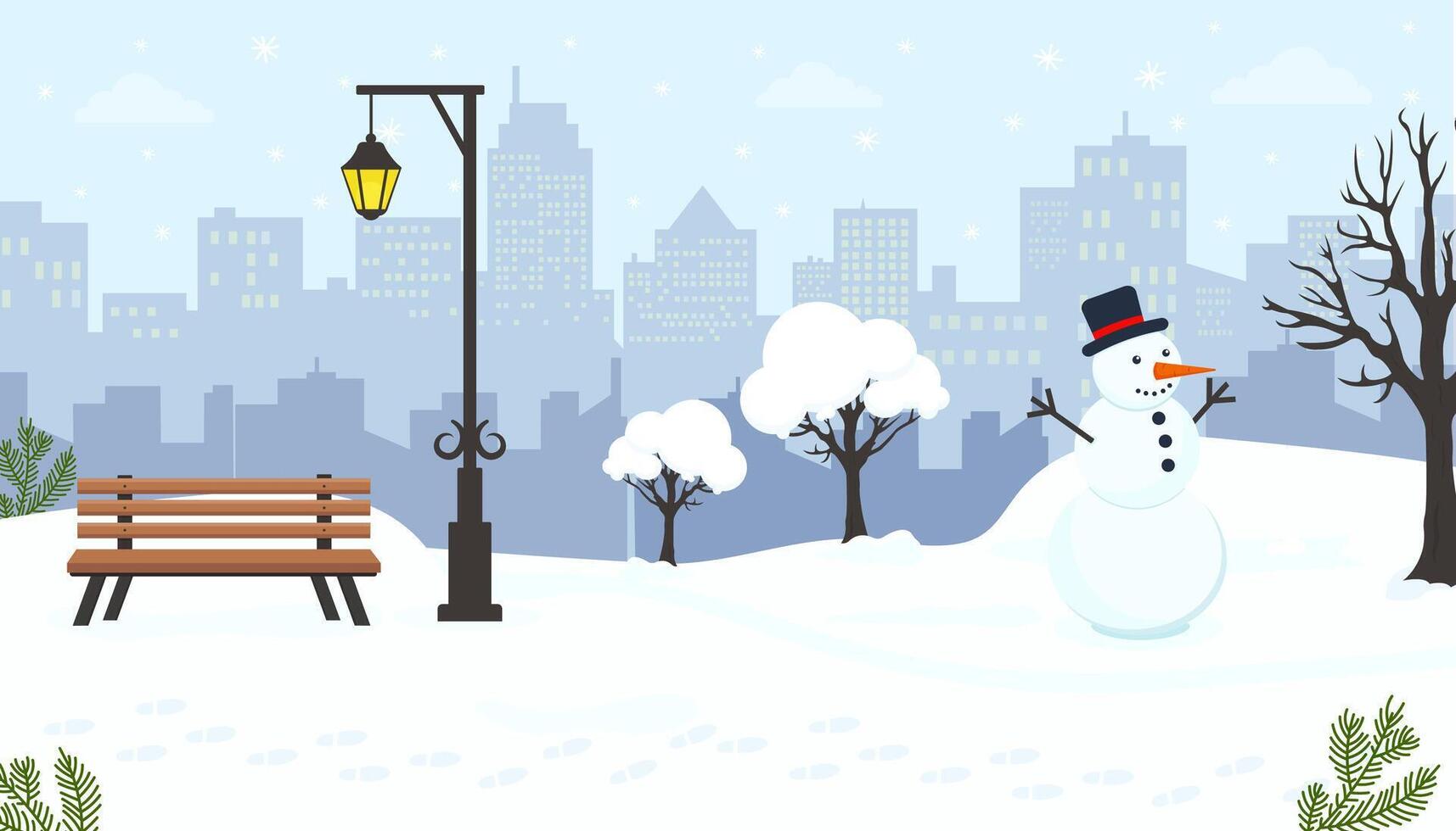 Snowy winter park scene with a snowman and city skyline in the background vector