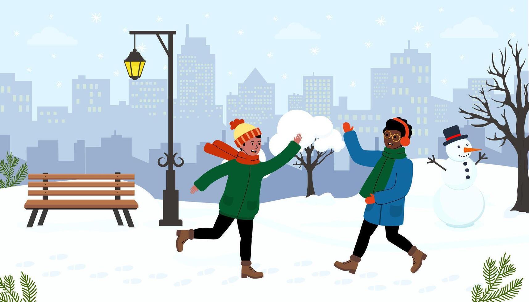 Friends enjoying a snowball fight in a winter park with snow-covered landscapes vector