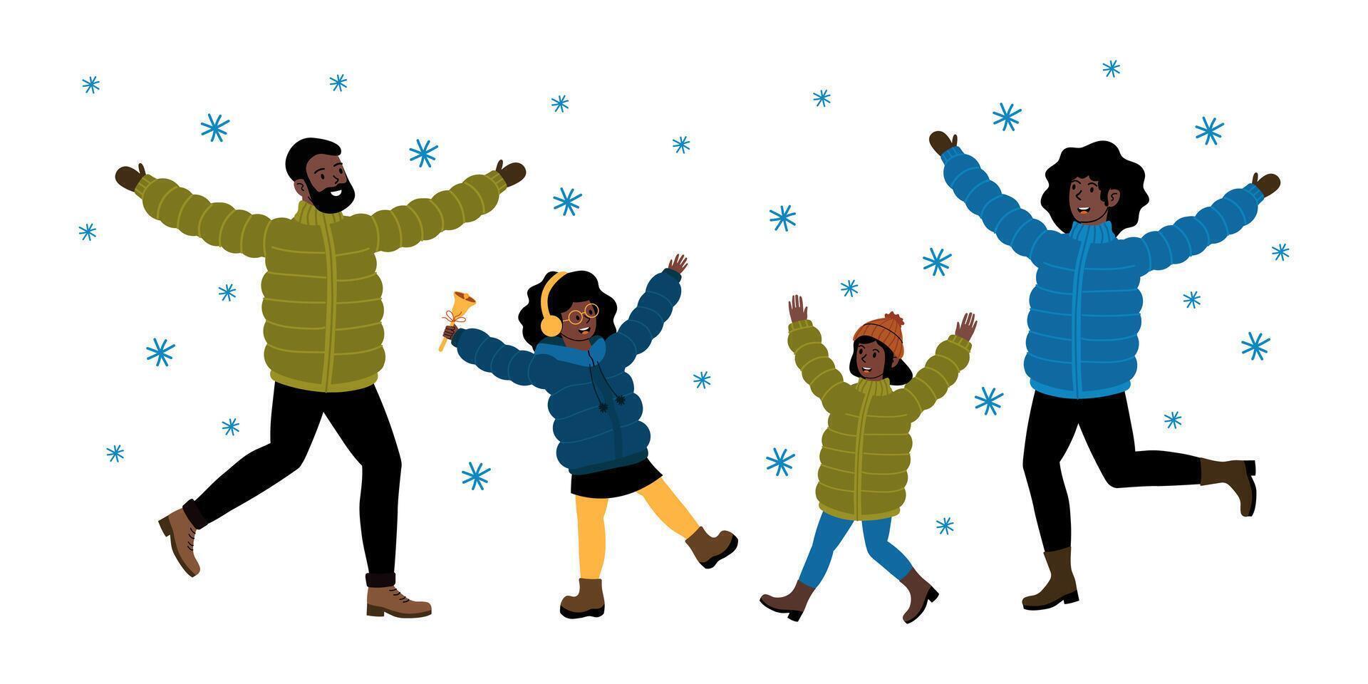 Family enjoying winter fun in the snow while celebrating together vector