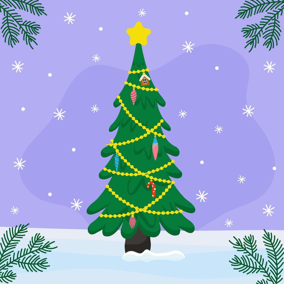 Festive Christmas tree decorated with ornaments against a snowy purple backdrop vector